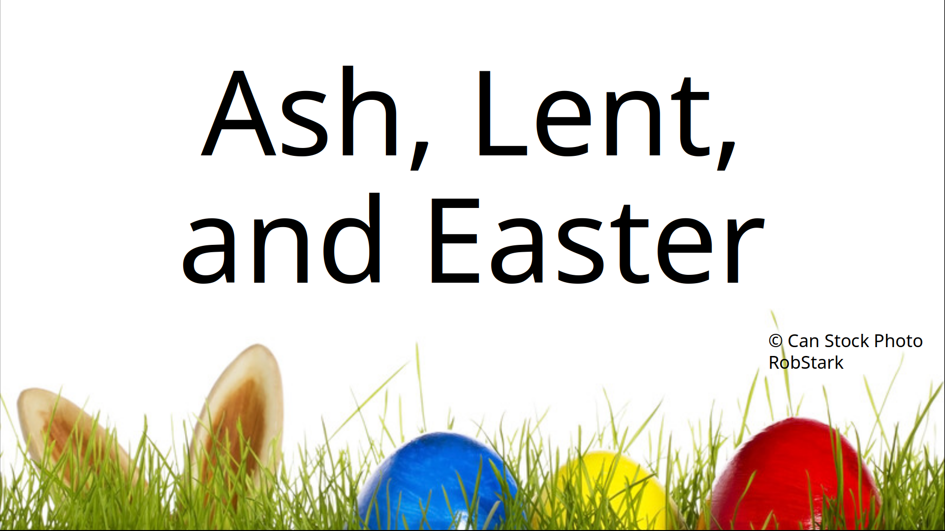 A closeup illustration of grass with Easter eggs barely visible and with two rabbit ears sticking up.